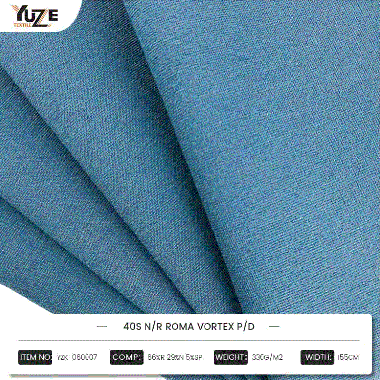 YZK-060007 40S N/R ROMA Vortex P/D: Combinatie van hoogwaardige melanges van Rayon, Nylon en Spandex, Vortex Vortex Spinning Technology creëert een duurzame en comfortabele modekeuze